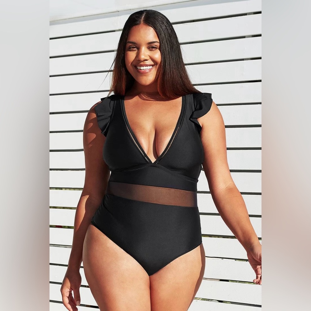 CUPSHE Black Ruffle Plunge V Neck Plus Size One Piece Swimsuit Size OX